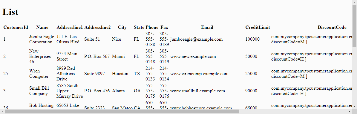 Liste des Customers